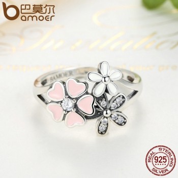 BAMOER 100% 925 Sterling Silver Pink Flower Poetic Daisy Cherry Blossom Bridal Jewelry Sets Wedding Engagement Jewelry ZHS028