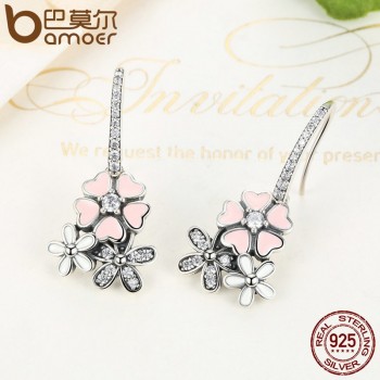 BAMOER 100% 925 Sterling Silver Pink Flower Poetic Daisy Cherry Blossom Bridal Jewelry Sets Wedding Engagement Jewelry ZHS028