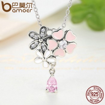 BAMOER 100% 925 Sterling Silver Pink Flower Poetic Daisy Cherry Blossom Bridal Jewelry Sets Wedding Engagement Jewelry ZHS028