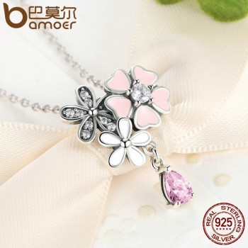BAMOER 100% 925 Sterling Silver Pink Flower Poetic Daisy Cherry Blossom Bridal Jewelry Sets Wedding Engagement Jewelry ZHS028