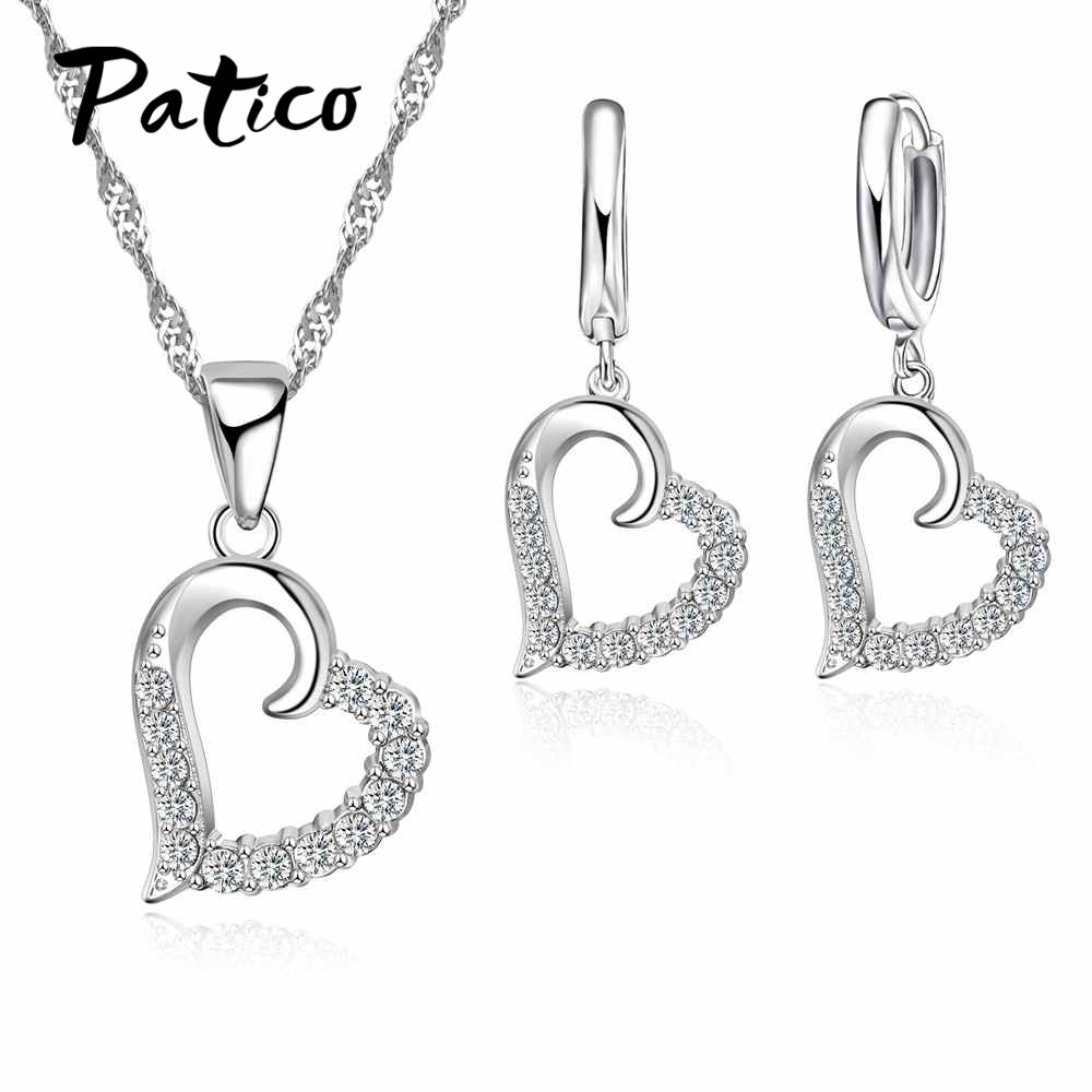 PATICO Original Silver 925 Jewelry Sets Cubic Zircon Stone Love Heart Austrian Crystal Necklace Huggie Earrings Women Best Gift