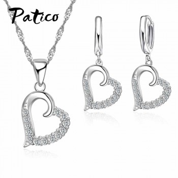 PATICO Original Silver 925 Jewelry Sets Cubic Zircon Stone Love Heart Austrian Crystal Necklace Huggie Earrings Women Best Gift