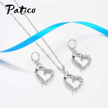 PATICO Original Silver 925 Jewelry Sets Cubic Zircon Stone Love Heart Austrian Crystal Necklace Huggie Earrings Women Best Gift