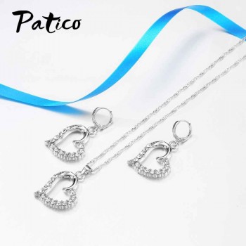 PATICO Original Silver 925 Jewelry Sets Cubic Zircon Stone Love Heart Austrian Crystal Necklace Huggie Earrings Women Best Gift