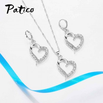 PATICO Original Silver 925 Jewelry Sets Cubic Zircon Stone Love Heart Austrian Crystal Necklace Huggie Earrings Women Best Gift