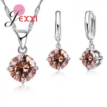 JEXXI Pretty Austrian Crystal Round CZ Pendant 925 Sterling Silver Women Jewelry Set Necklace Earrings Free Shipping Wholesale