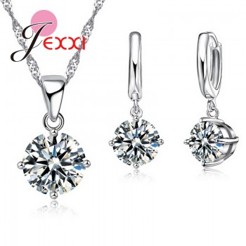 JEXXI Pretty Austrian Crystal Round CZ Pendant 925 Sterling Silver Women Jewelry Set Necklace Earrings Free Shipping Wholesale