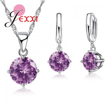 JEXXI Pretty Austrian Crystal Round CZ Pendant 925 Sterling Silver Women Jewelry Set Necklace Earrings Free Shipping Wholesale