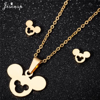 Jisensp Cute Mickey Minnie Earrings for Women Kids Animal Mouse Gold Necklace amp; Pendant Jewelry Set Girls Christmas Gifts Bijoux