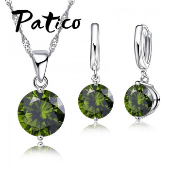 PATICO 925 Sterling Silver CZ Crystal Romantic Jewelry Sets For Women Wedding Necklace Dangle Hoop Earrings Set 8 Color Options