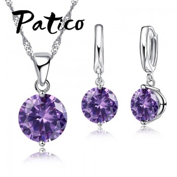 PATICO 925 Sterling Silver CZ Crystal Romantic Jewelry Sets For Women Wedding Necklace Dangle Hoop Earrings Set 8 Color Options