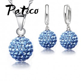 PATICO Hot New Jewelry Sets 925 Sterling Silver Austrian Crystal Pave Disco Ball Lever Back Earring Pendant Necklace Woman