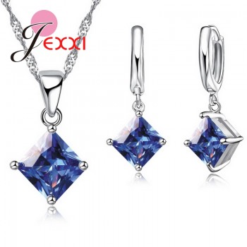 JEXXI 8 Colors 925 Sterling Silver Women Wedding Beautiful Pendant Necklace Earrings Set Clearly Square Crystal Jewelry Sets
