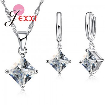 JEXXI 8 Colors 925 Sterling Silver Women Wedding Beautiful Pendant Necklace Earrings Set Clearly Square Crystal Jewelry Sets