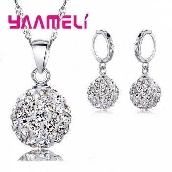 YAAMELI Sparkling High Quality Full CZ Crystal Paved Disco Ball Jewelry Sets Bling Hip Hop 925 Sterling Silver Necklace Earrings