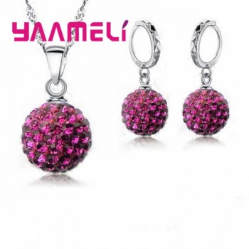 YAAMELI Sparkling High Quality Full CZ Crystal Paved Disco Ball Jewelry Sets Bling Hip Hop 925 Sterling Silver Necklace Earrings