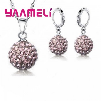 YAAMELI Sparkling High Quality Full CZ Crystal Paved Disco Ball Jewelry Sets Bling Hip Hop 925 Sterling Silver Necklace Earrings