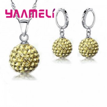 YAAMELI Sparkling High Quality Full CZ Crystal Paved Disco Ball Jewelry Sets Bling Hip Hop 925 Sterling Silver Necklace Earrings