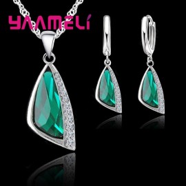 YAAMELI 925 Sterling Silver Jewelry Sets Geometric Austrian Crystal Pendant Necklace Hoop Earring For Women Wedding Engagment