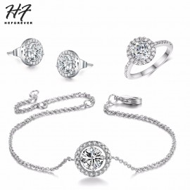 S415 S417 Luxury Silver Rose Gold Color Wedding Jewelry Bracelet Earring Ring Set Made with AAA Cubic Zircon Element Crystals