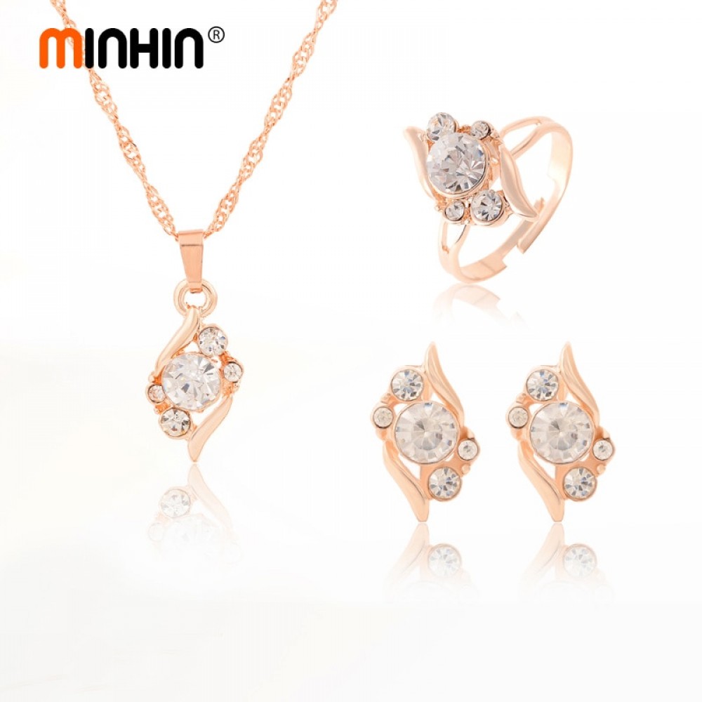 MINHIN Women Wedding Sets Fashion 3 pcs/set African Beads Jewelry Set Gold Color Chain Crystal Necklace Ring Earrings Set