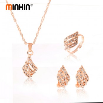 MINHIN Women Wedding Sets Fashion 3 pcs/set African Beads Jewelry Set Gold Color Chain Crystal Necklace Ring Earrings Set