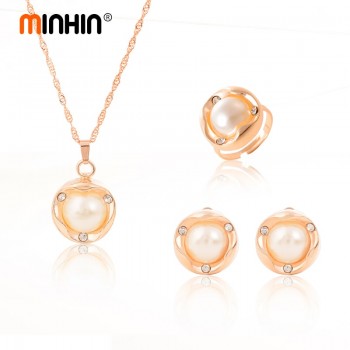 MINHIN Women Wedding Sets Fashion 3 pcs/set African Beads Jewelry Set Gold Color Chain Crystal Necklace Ring Earrings Set