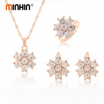 MINHIN Women Wedding Sets Fashion 3 pcs/set African Beads Jewelry Set Gold Color Chain Crystal Necklace Ring Earrings Set