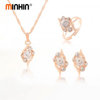 MINHIN Women Wedding Sets Fashion 3 pcs/set African Beads Jewelry Set Gold Color Chain Crystal Necklace Ring Earrings Set
