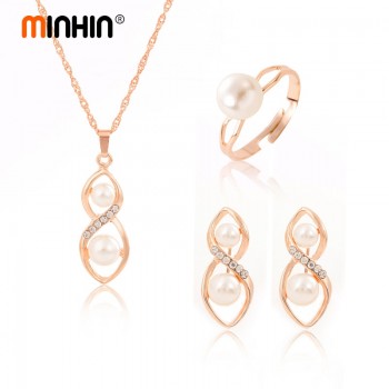 MINHIN Women Wedding Sets Fashion 3 pcs/set African Beads Jewelry Set Gold Color Chain Crystal Necklace Ring Earrings Set