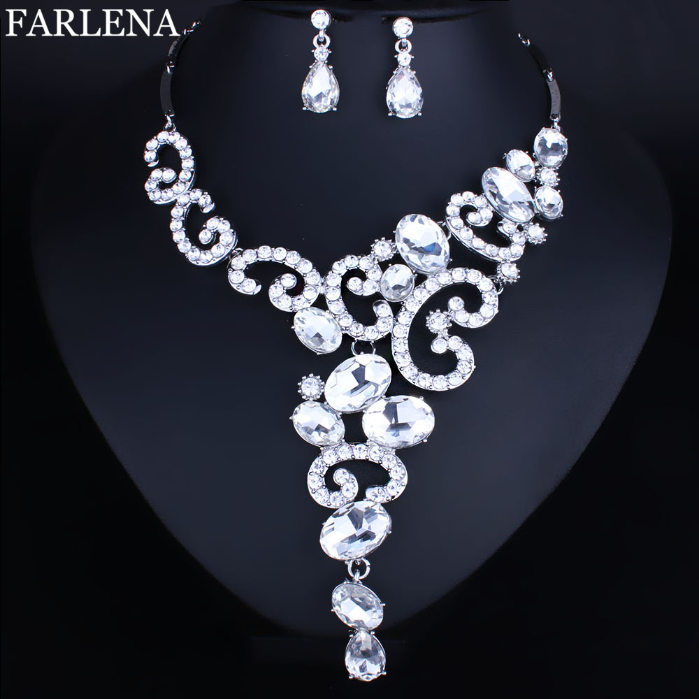 Fashion Jewelry Silver plated Crystal Rhinestones Necklace and Earrings set Women Bridal Wedding Jewelry sets