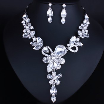 Fashion Jewelry Silver plated Crystal Rhinestones Necklace and Earrings set Women Bridal Wedding Jewelry sets