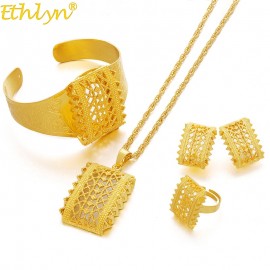 Ethlyn Jewelry New Ethiopian Gold Color Sets Pendant Necklaces Earrings Bangle Ring Habesha Jewelry Eritrean Wedding Gifts S195