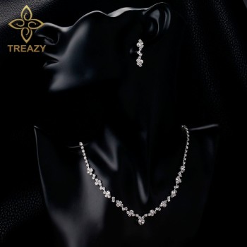 TREAZY New Silver Plated Crystal Choker Necklace Earrings Set Wedding Bridal Bridesmaid African Jewelry Sets