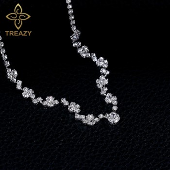 TREAZY New Silver Plated Crystal Choker Necklace Earrings Set Wedding Bridal Bridesmaid African Jewelry Sets