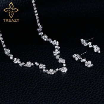 TREAZY New Silver Plated Crystal Choker Necklace Earrings Set Wedding Bridal Bridesmaid African Jewelry Sets