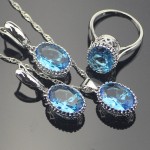Oval Blue Cubic Zirconia Women 925 Sterling Silver Jewelry Sets Silver Wedding Earrings Pendant Necklace Ring Set Gift Box