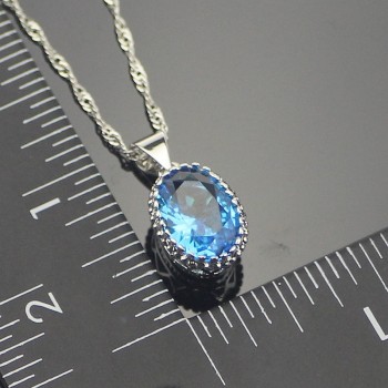 Oval Blue Cubic Zirconia Women 925 Sterling Silver Jewelry Sets Silver Wedding Earrings Pendant Necklace Ring Set Gift Box