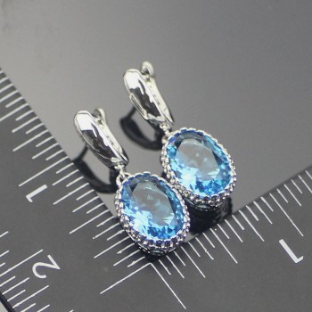 Oval Blue Cubic Zirconia Women 925 Sterling Silver Jewelry Sets Silver Wedding Earrings Pendant Necklace Ring Set Gift Box
