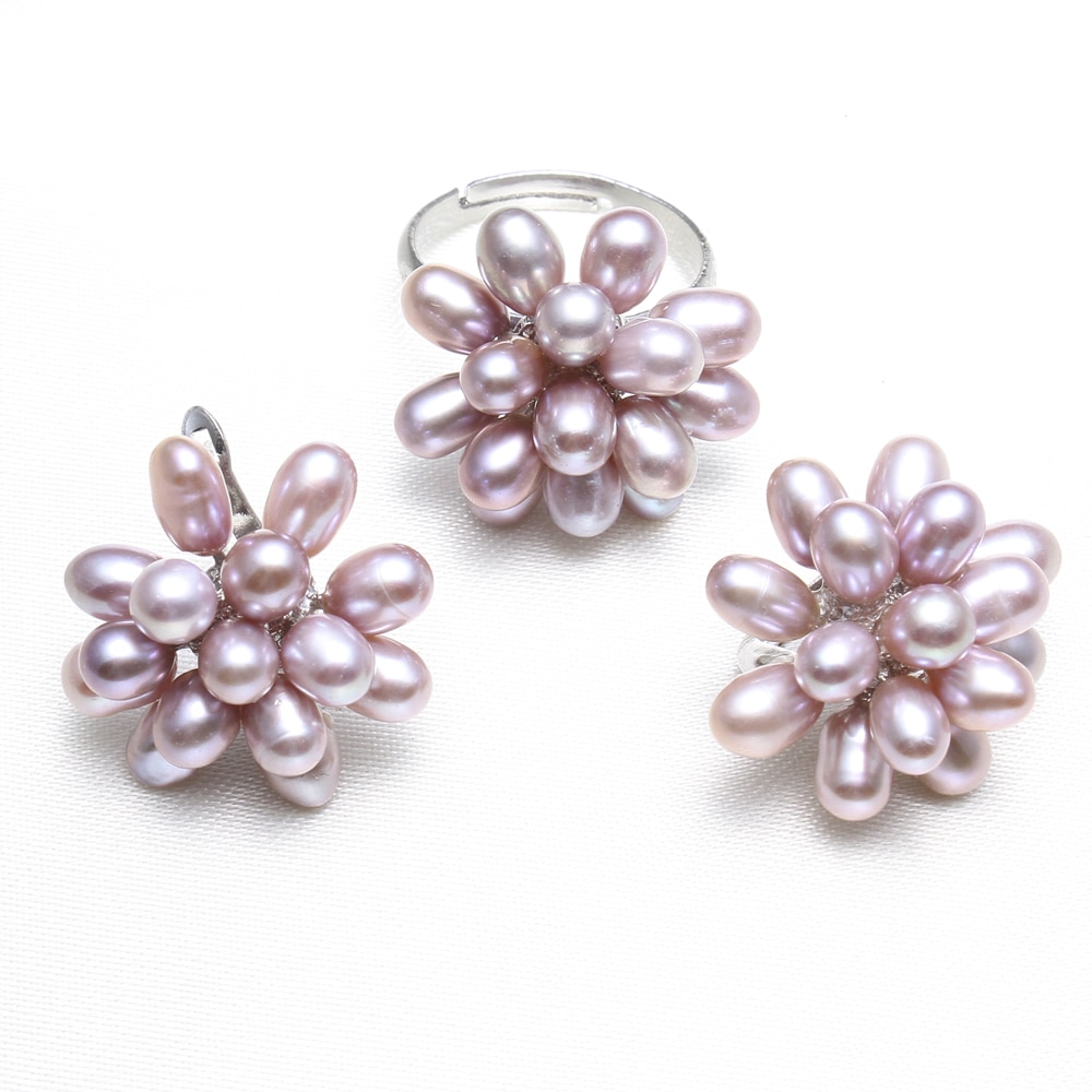 Natural Real Freshwater Pearl Jewelry Sets Womens Wedding Bridal Jewelry White Pink Black Purple Pearl Flower Rings Earrings Set