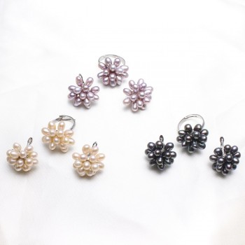 Natural Real Freshwater Pearl Jewelry Sets Womens Wedding Bridal Jewelry White Pink Black Purple Pearl Flower Rings Earrings Set