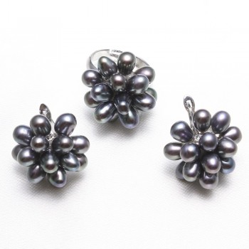 Natural Real Freshwater Pearl Jewelry Sets Womens Wedding Bridal Jewelry White Pink Black Purple Pearl Flower Rings Earrings Set