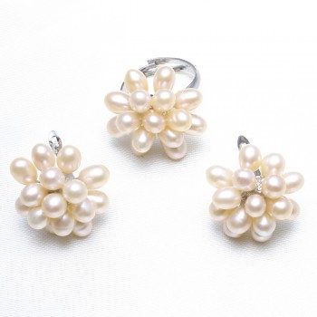 Natural Real Freshwater Pearl Jewelry Sets Womens Wedding Bridal Jewelry White Pink Black Purple Pearl Flower Rings Earrings Set