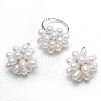Natural Real Freshwater Pearl Jewelry Sets Womens Wedding Bridal Jewelry White Pink Black Purple Pearl Flower Rings Earrings Set