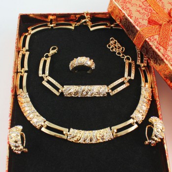 Women African Beads Jewelry Sets Cz Crystal Necklace Earring Ring Bracelet Jewelries Set Gold Color Statement Accessories
