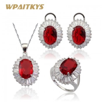 WPAITKYS Red Stones White CZ Jewelry Sets Silver Color Earrings/Pendant/Necklace/Rings For Women Free Gift Box
