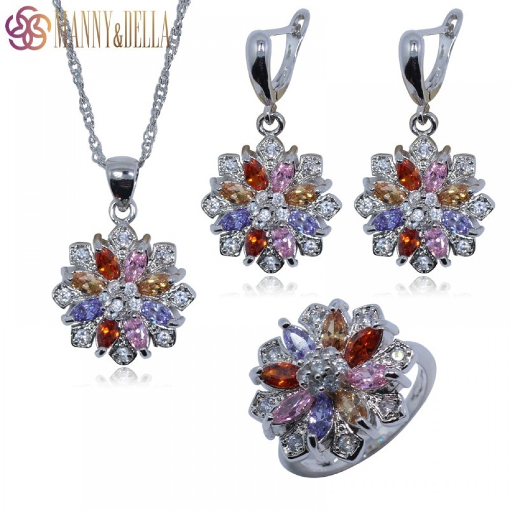 925 Sterling Silver Jewelry Set For Women Flower With Rainbow Zircon Earrings/Pendant/Necklace Chain/Ring TZ114
