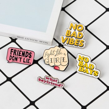 Quote Enamel Pin Feminist Girl power STRANGER THINGS NO BAD VIBES badge brooch Lapel pin Jeans shirt bag Cartoon Jewelry Gift