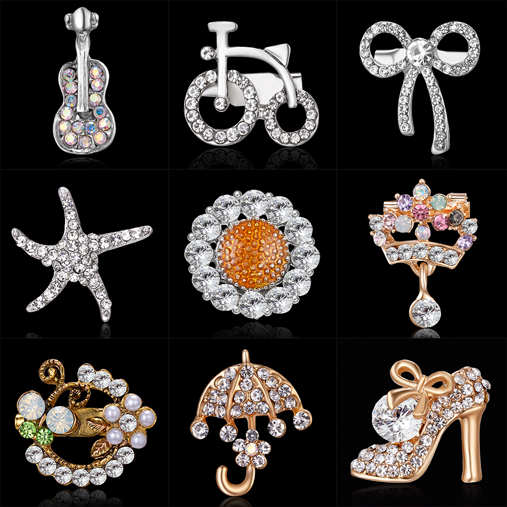 Crystal Antique Gold guitar bicycle Bow flower High heels umbrella Brooches for Women  Wedding Bridesmaid Rhinestone Party Pin