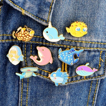 QIHE JEWELRY Sea cuties pin Whale Shark Narwhal Octopus Puffer fish Hard enamel pin Lapel pin Brooches Badges Pinback